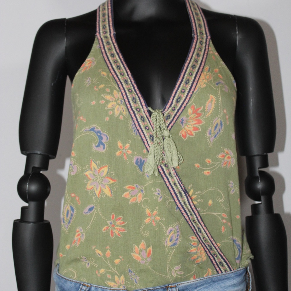 Gently Used Faux Wrap Hollister Top, Green Floral Print With Tassels, Size S